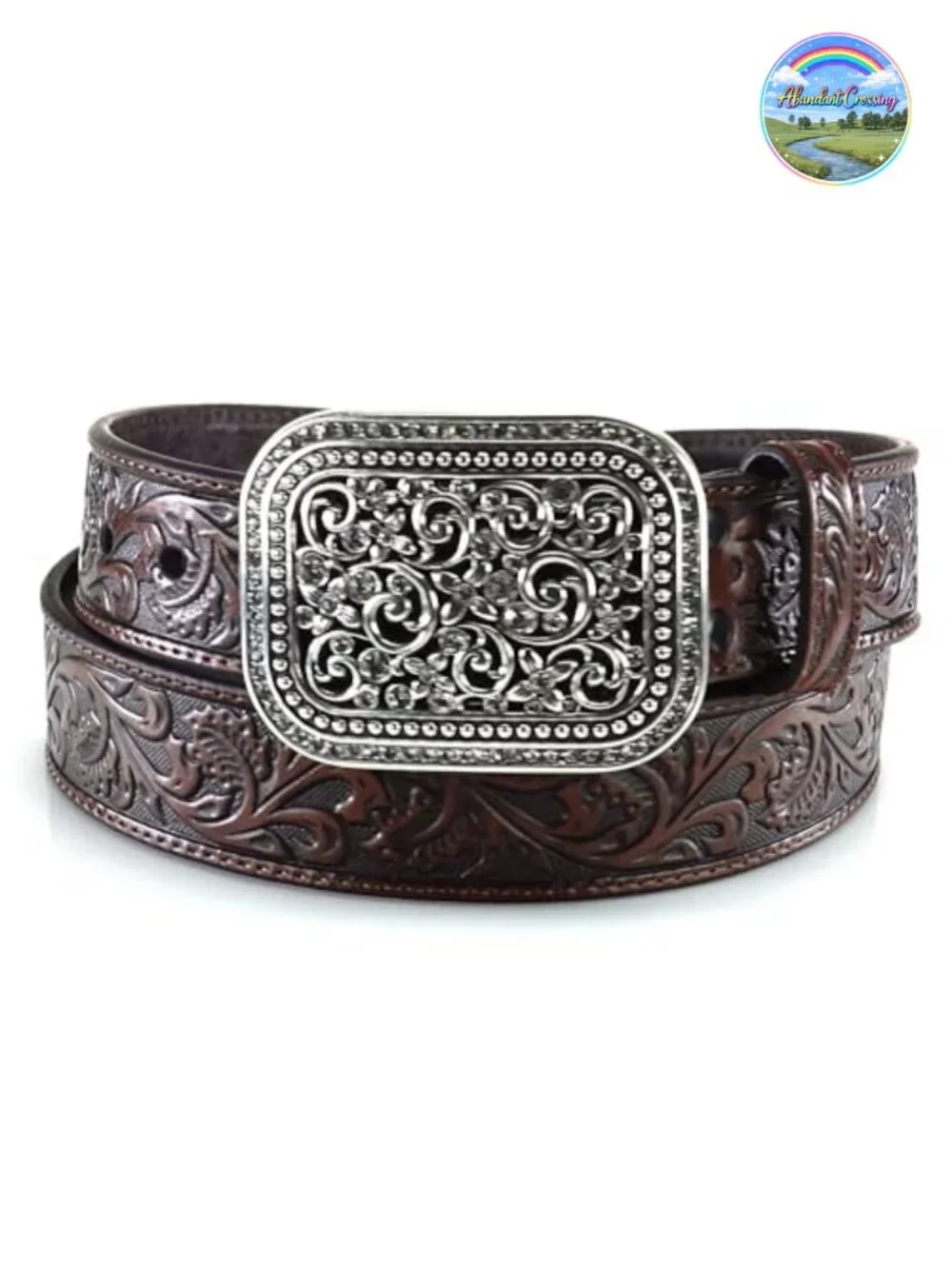 Genuine Leather Western Belt with Ornate Rhinestone Buckle